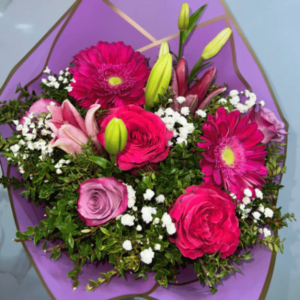 Ramo mix morado con rosas, lilium y gerberas