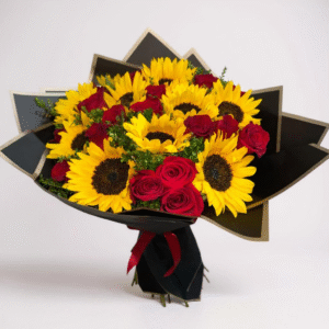 Ramo de 10 girasoles con 12 rosas rojas grande