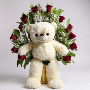 Peluche grande con 12 rosas rojas