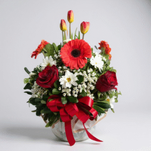 Pecera mix de rosas, gerberas y tulipanes