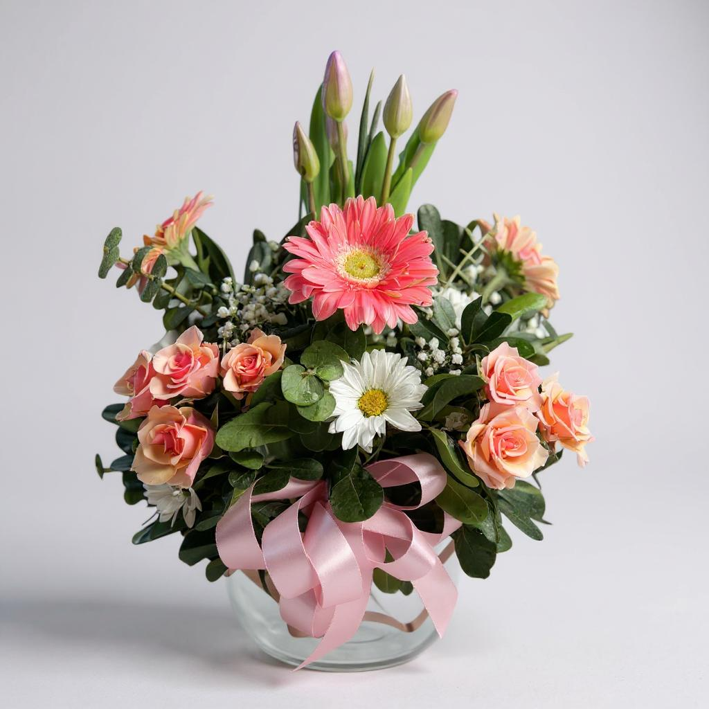 Pecera mix de tulipanes, mini rosas y gerberas