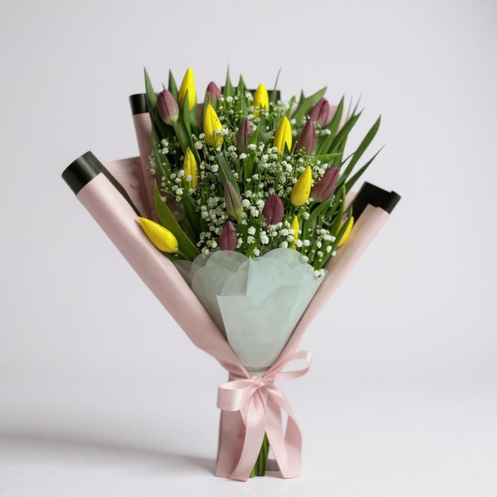 20 tulipanes en ramo escalonado amarillo/fucsia