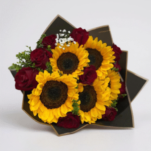 Ramo de 9 rosas con 5 girasoles