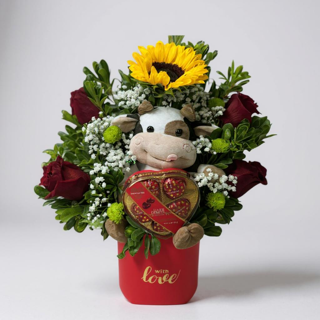 Box Rosa girasol con peluche y chocolate