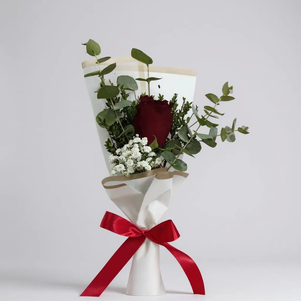 Rosa roja arreglada con eucalipto