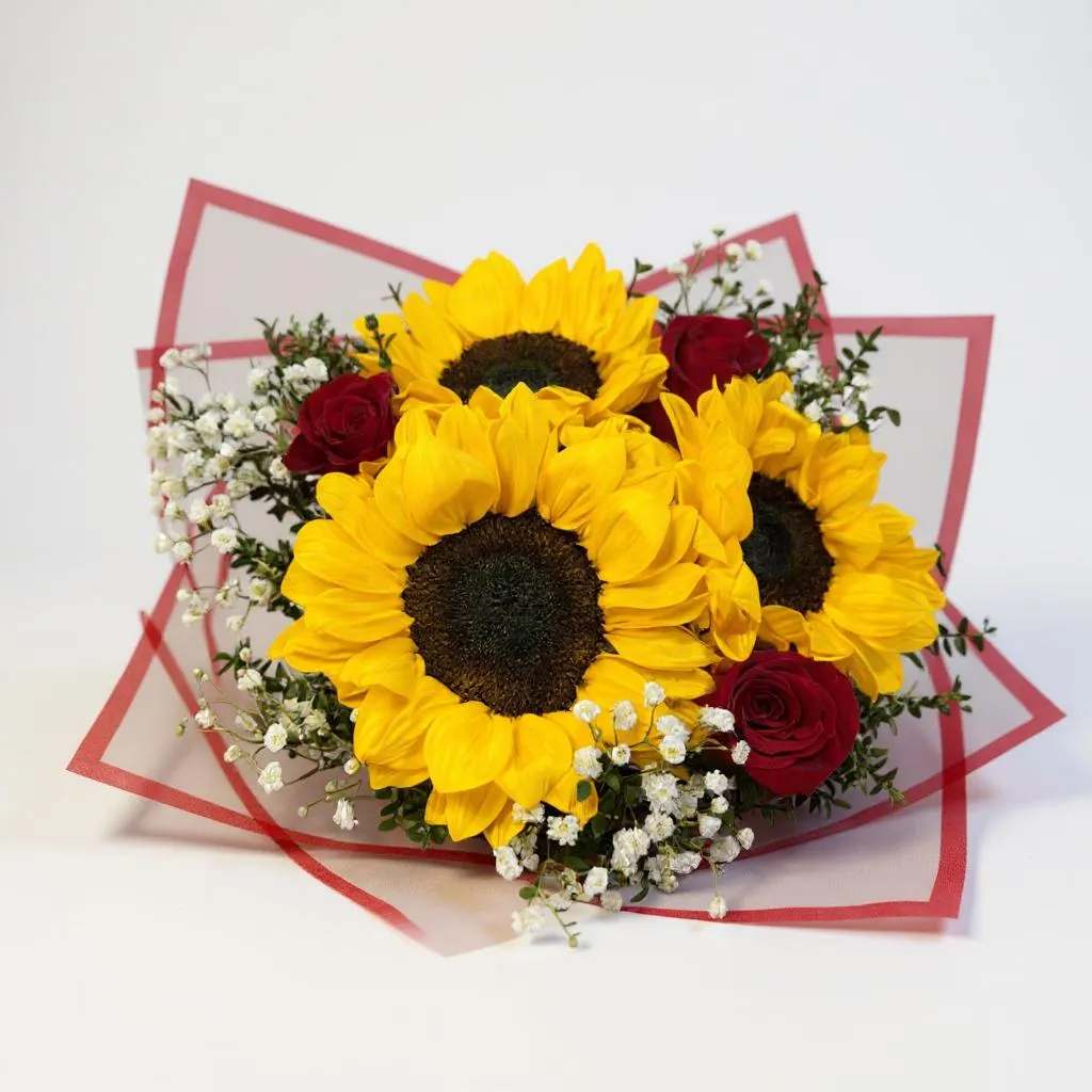 Ramo 3 rosas rojas 3 girasoles