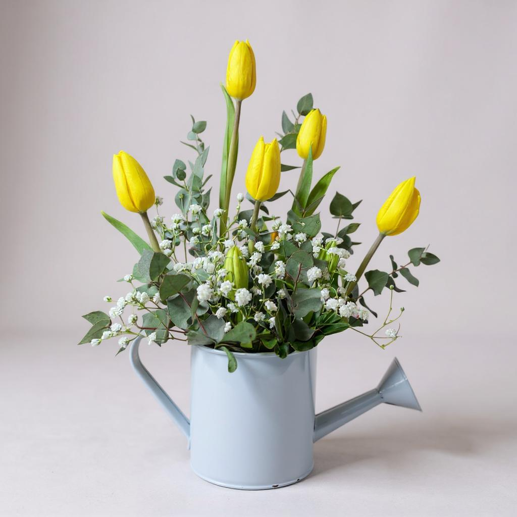 Regadera con tulipanes amarillos