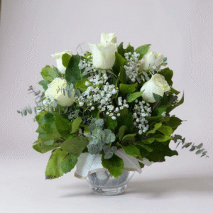 Pecera redonda de 8 rosas blancas