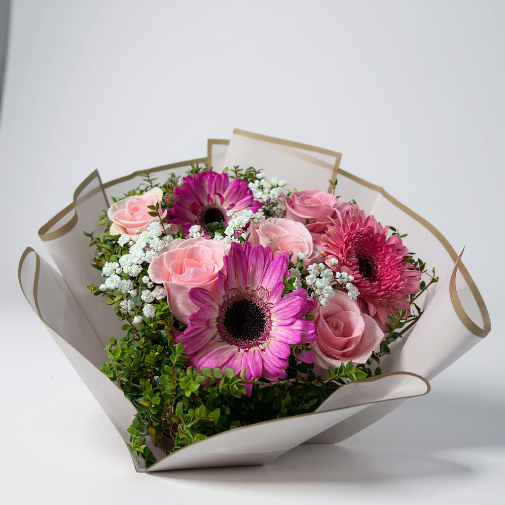Rosas con gerberas en tonos pasteles