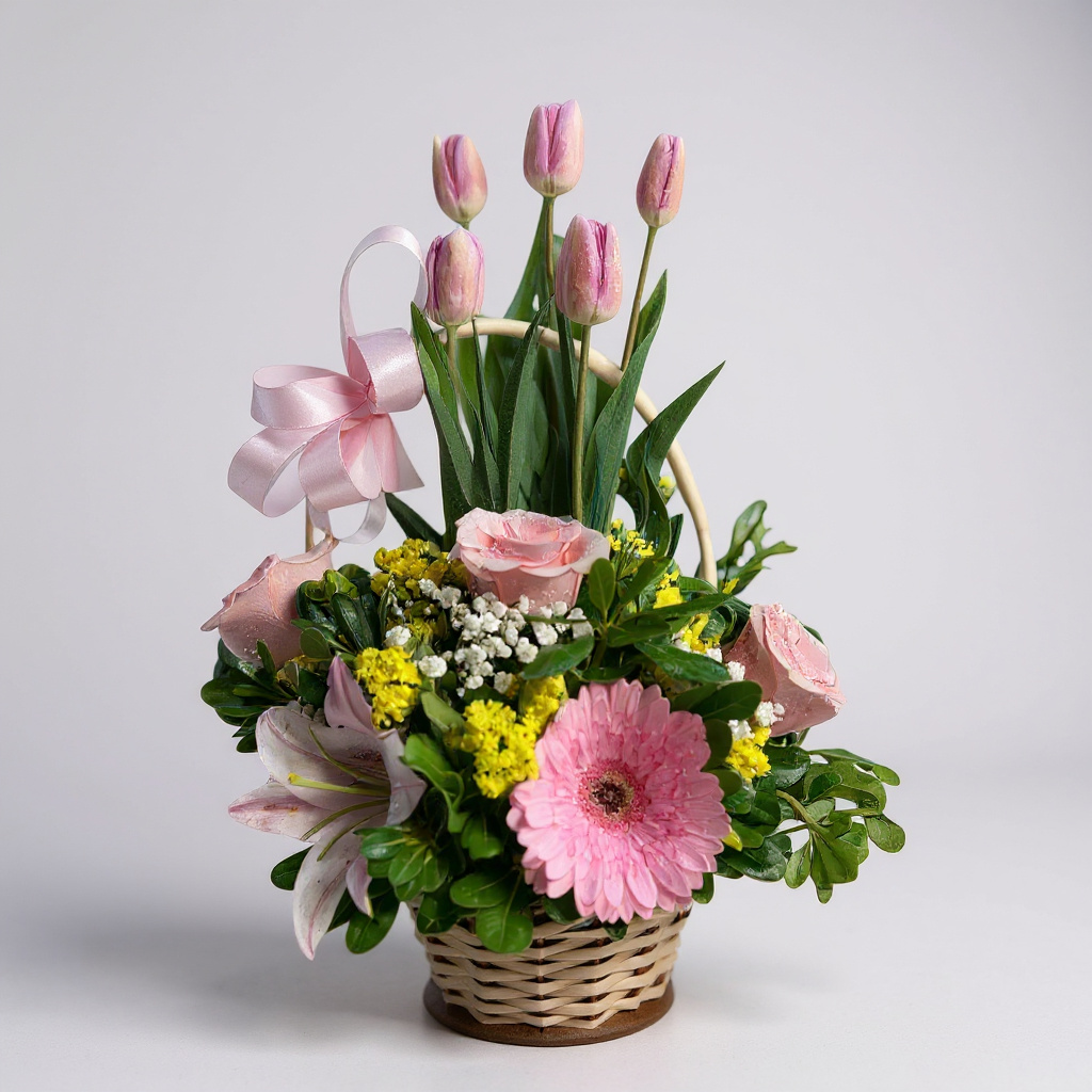 Canasto de mimbre mix de flores rosadas en formato frontal