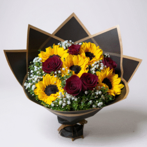 Ramo de 5 rosas y 5 girasoles papel negro