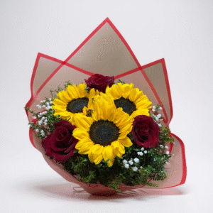 Ramo de 3 girasoles y 3 rosas papel rojo