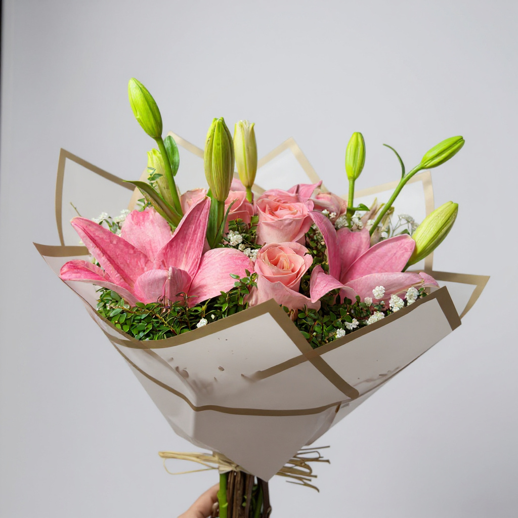 5 rosas rosadas con 3 lilium - Imagen 2