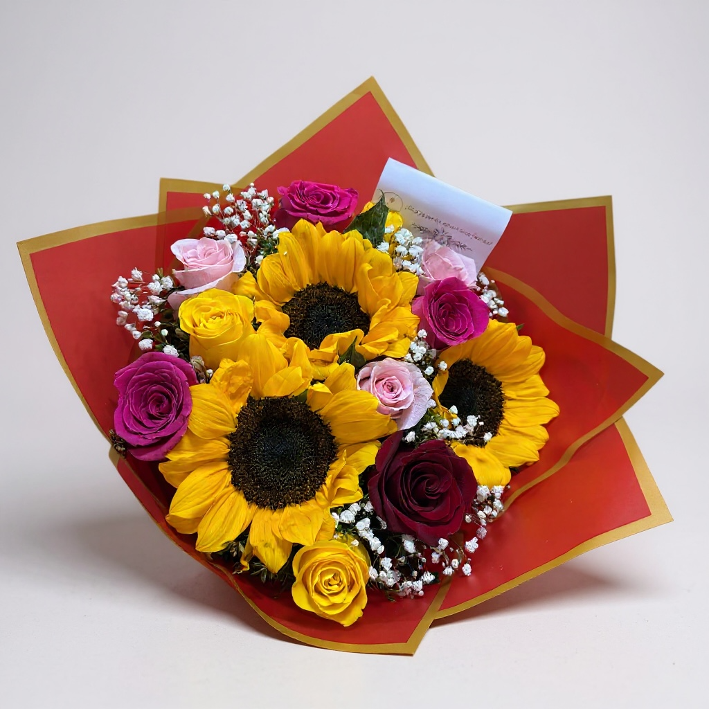10 Rosas con 3 girasoles