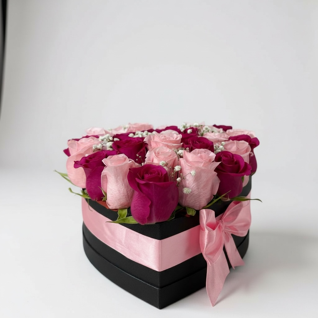 Box 25 rosas rosadas y fucsias en corazón - Imagen 2