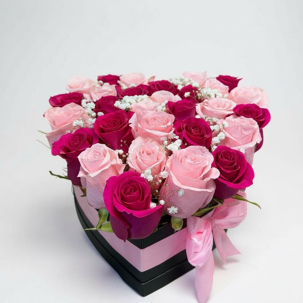 Box 25 rosas rosadas y fucsias en corazón