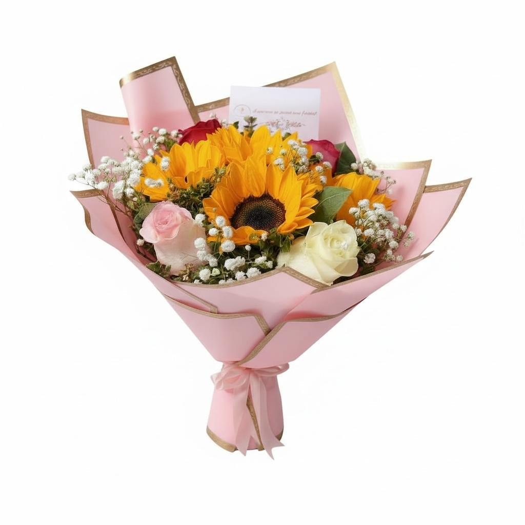 Ramo colorido de rosas y girasoles
