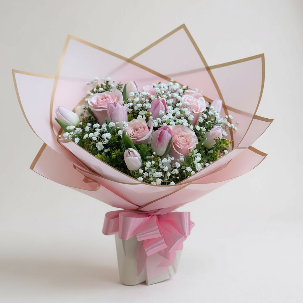 Ramo de 10 tulipanes y 5 rosas rosadas